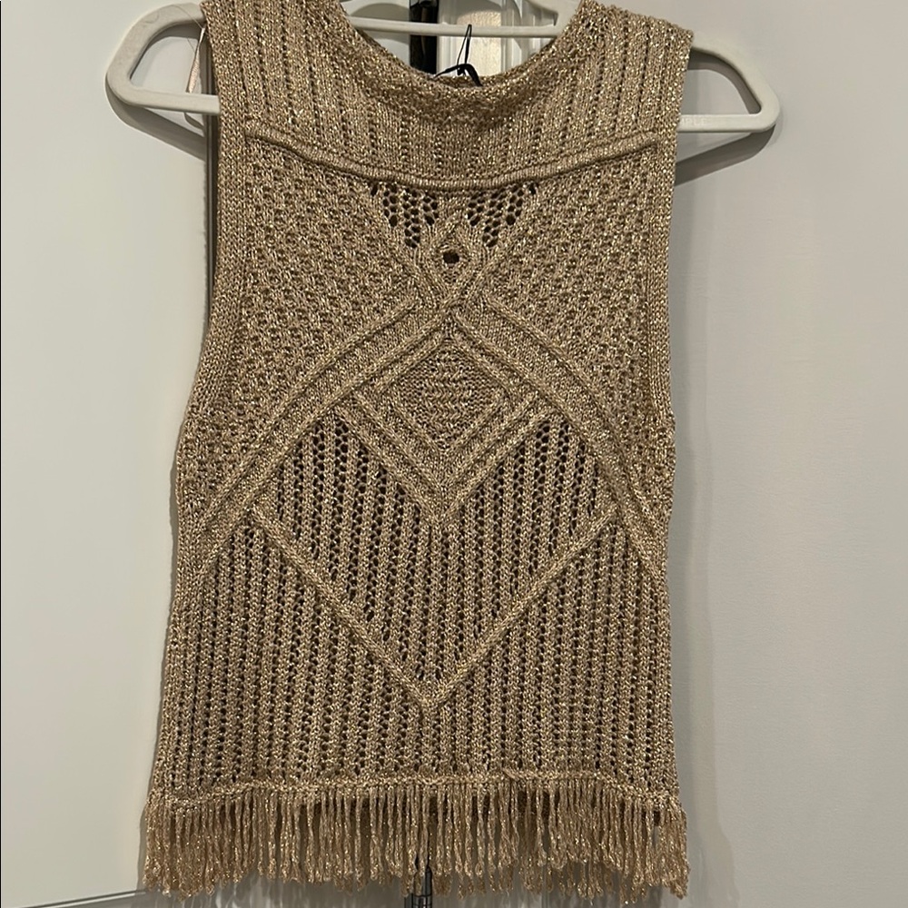 Zara Metallic Gold Crochet Fringe Tank Top